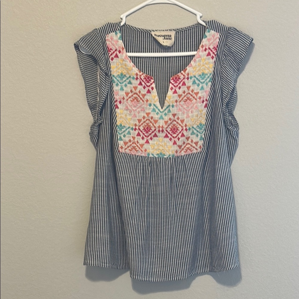 Navy Blue Striped Top with Embroidered Details from Savanna Jane